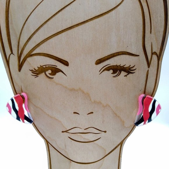 Retro Fab Lucite Striped Earrings, Clear Vintage Studs with Hot Pink and Black - Picture 1 of 4
